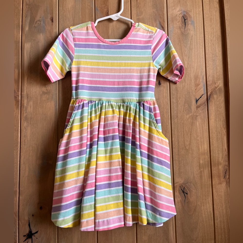 Ruffle Butts Pastel Rainbow Stripe Short Sleeve Dress - size 4T